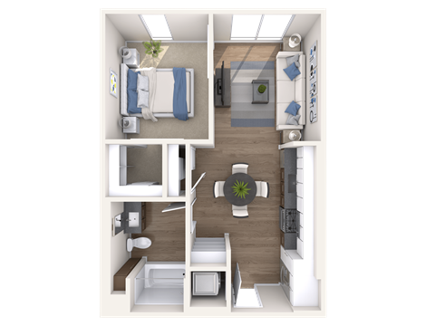 Floor plan for 1 bed, 1 bath, 607 sqft